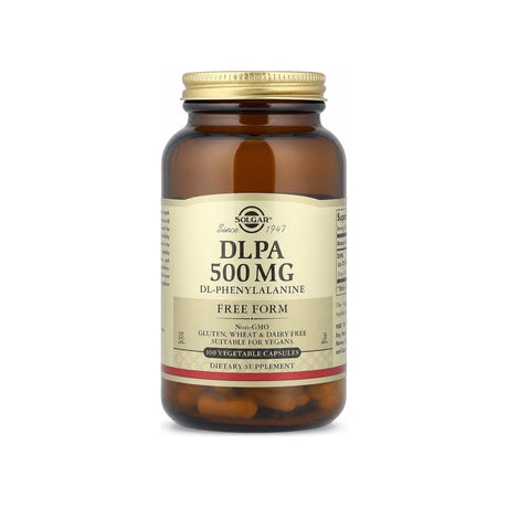 Solgar DLPA 500 mg Vegetable Capsules 100 ct amber bottle front label