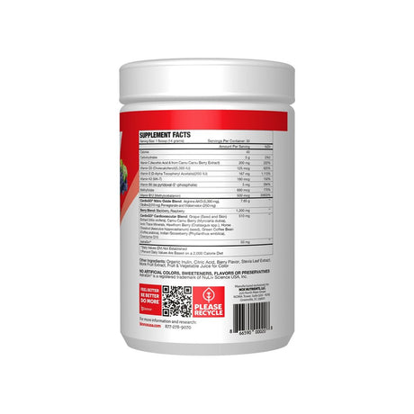 Bionox CardioGO Berry Burst supplement facts panel listing ingredients, dosage, and serving size
