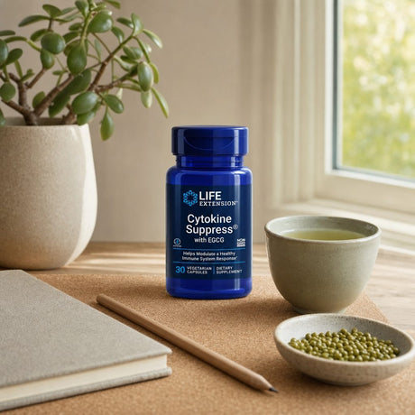 Life Extension Cytokine Suppress with EGCG bottle on a kitchen counter with a glass of water