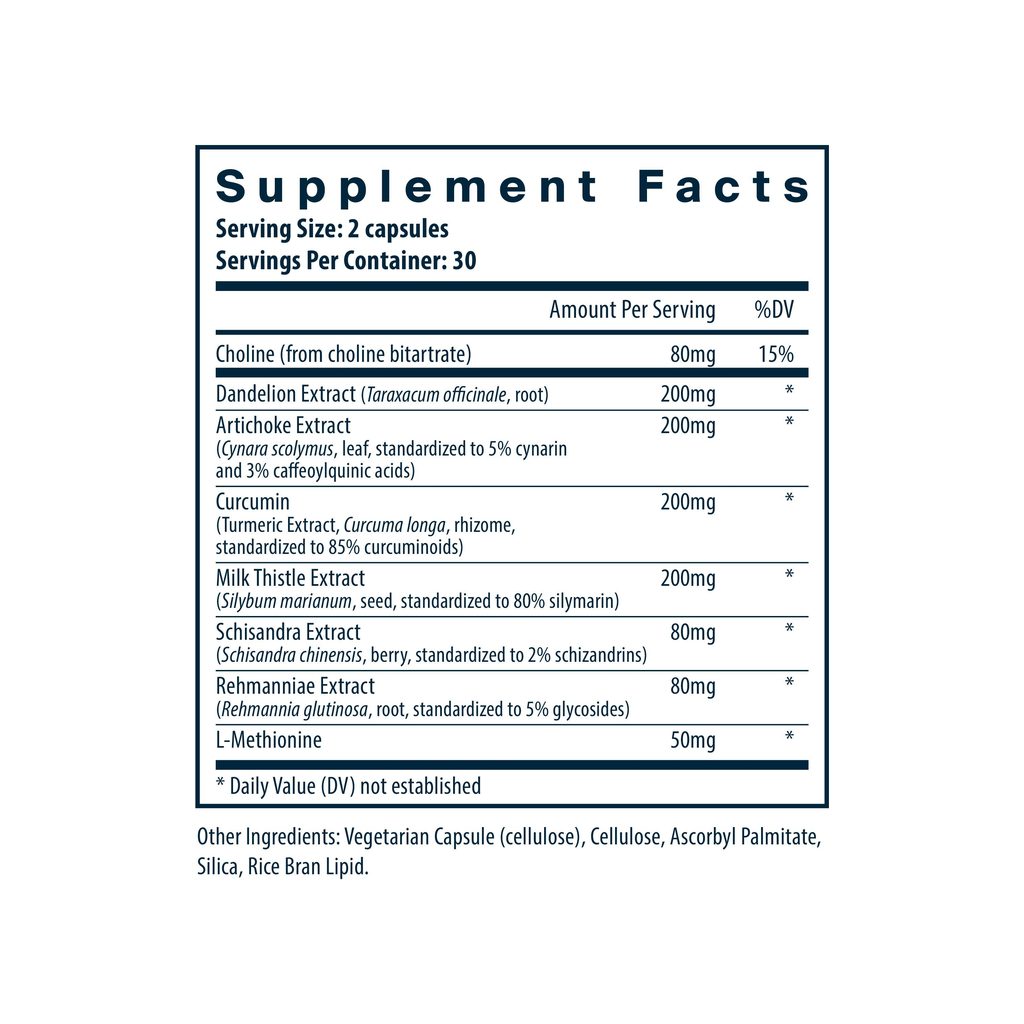 Vital Nutrients Liver Support supplement facts panel listing ingredients, dosage, and serving size