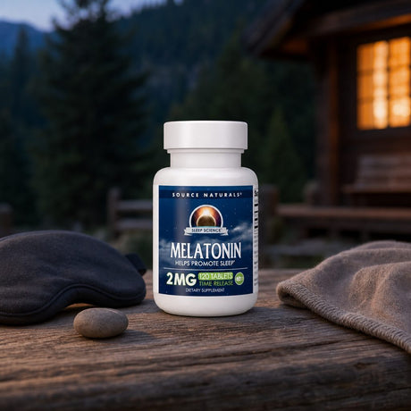 Source Naturals Melatonin 2 mg Timed Release bottle in a calm bedtime setting