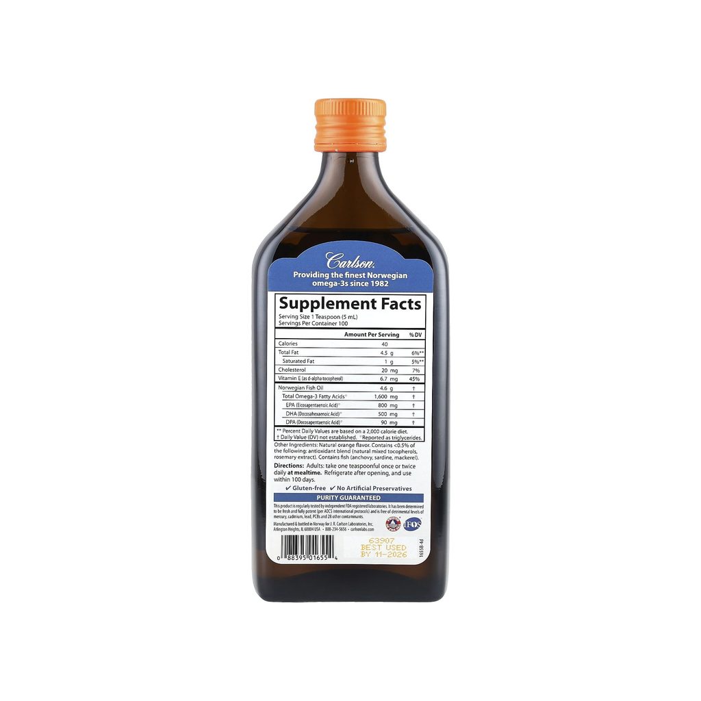 Carlson The Very Finest Fish Oil Orange supplement facts panel with ingredients and serving size