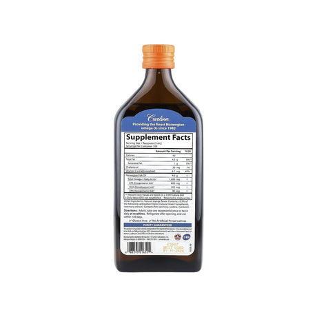 Carlson The Very Finest Fish Oil Orange supplement facts panel with ingredients and serving size