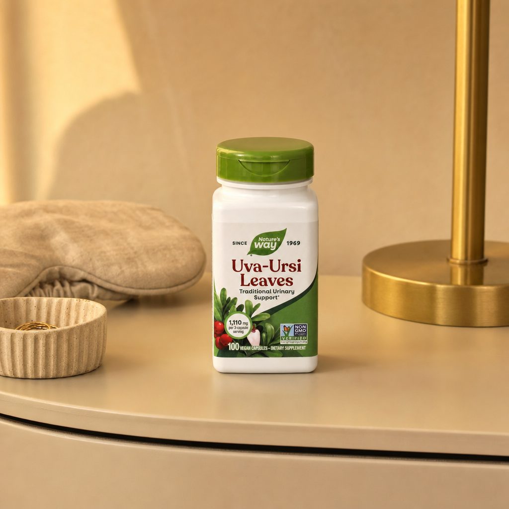 Nature's Way Uva Ursi Leaves bottle shown at an angle with green cap