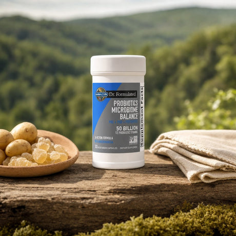 Garden of Life Dr. Formulated Probiotics Microbiome Balance bottle with gut health callouts