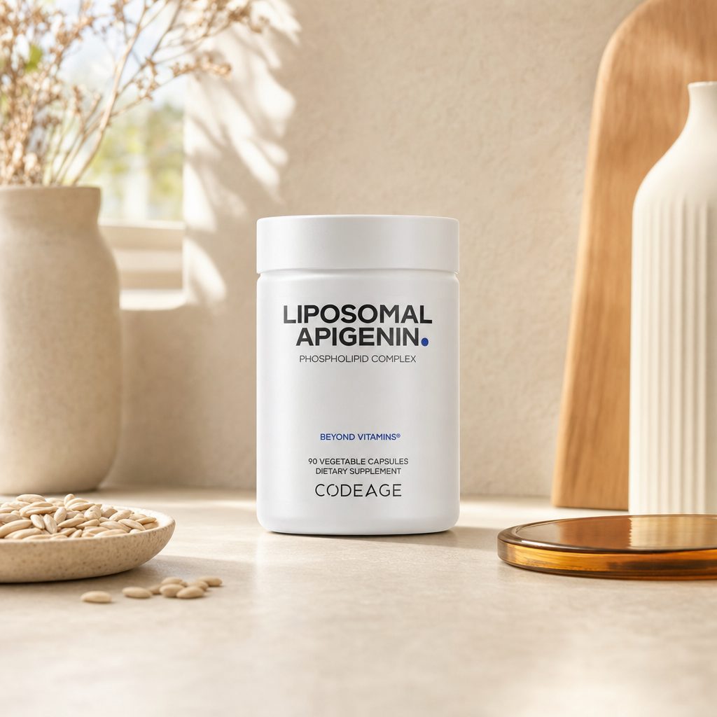 Codeage Liposomal Apigenin Capsules bottle with capsule display and white-and-gold label
