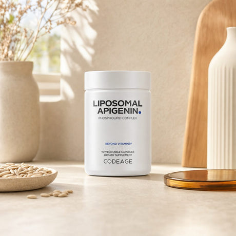 Codeage Liposomal Apigenin Capsules bottle with capsule display and white-and-gold label
