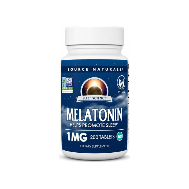 Source Naturals Sleep Science Melatonin 1 mg 200 Tablets front bottle label