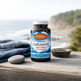 Carlson Gems Super 1000 mg softgel capsules beside product bottle