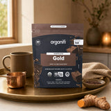 Organifi Gold Superfood Powder Chocolate served as a warm cocoa-style drink in a mug