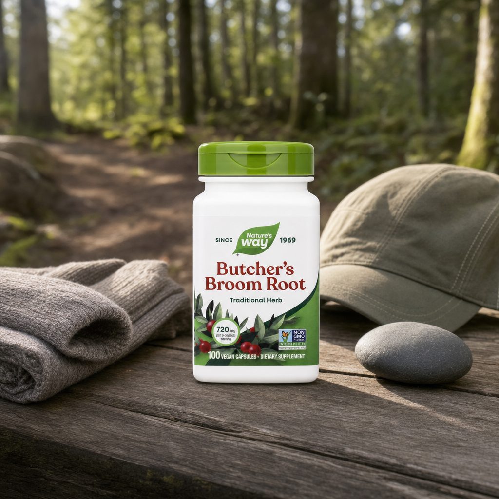 Nature's Way Butcher's Broom Root bottle displayed with herbal supplement packaging