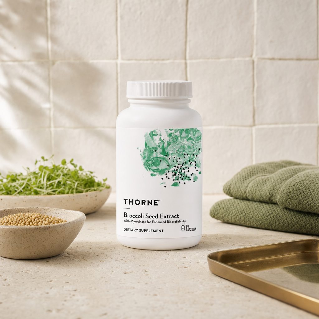 Thorne Broccoli Seed Extract bottle angled to show front label and cap