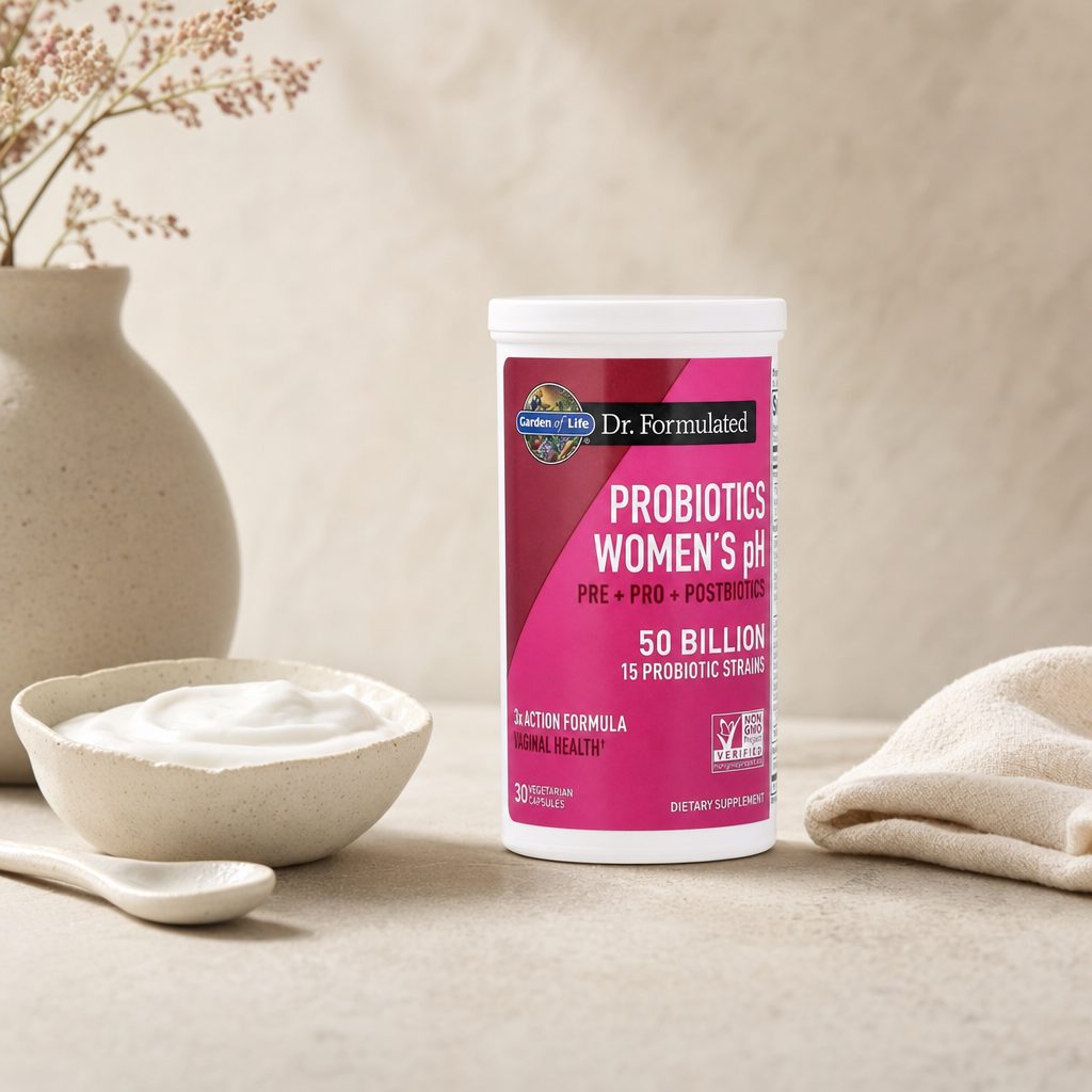 Garden of Life Women's pH 50 Billion Probiotic bottle with pre pro postbiotic callouts