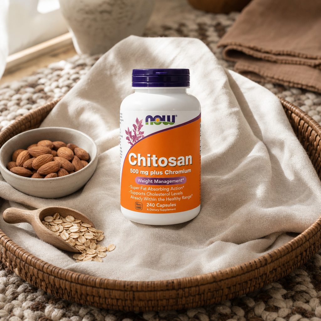 NOW Foods Chitosan 500 mg plus Chromium bottle angled to show side label