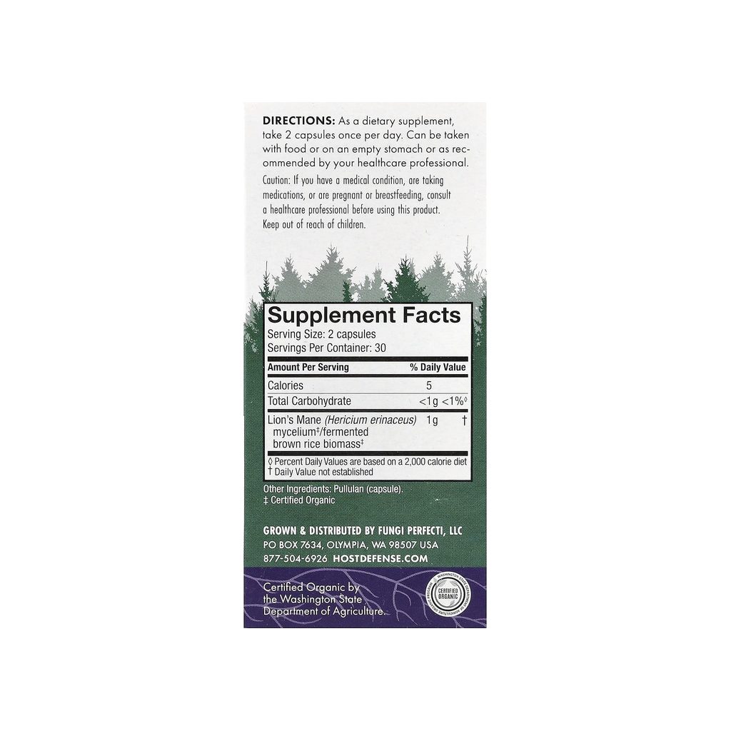 Host Defense Lion's Mane 60 Capsules supplement facts panel listing ingredients and serving size