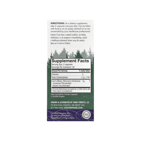 Host Defense Lion's Mane 60 Capsules supplement facts panel listing ingredients and serving size