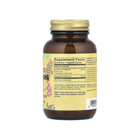 Solgar Ashwagandha Root Extract supplement facts panel listing ingredients and serving size