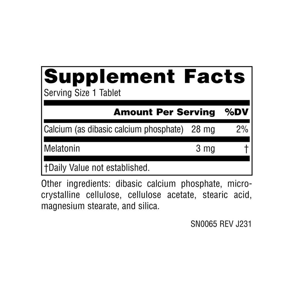 Source Naturals Melatonin Timed Release 3 mg supplement facts panel with ingredients and serving size