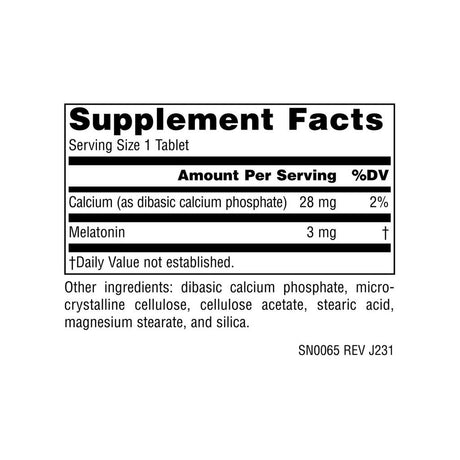 Source Naturals Melatonin Timed Release 3 mg supplement facts panel with ingredients and serving size