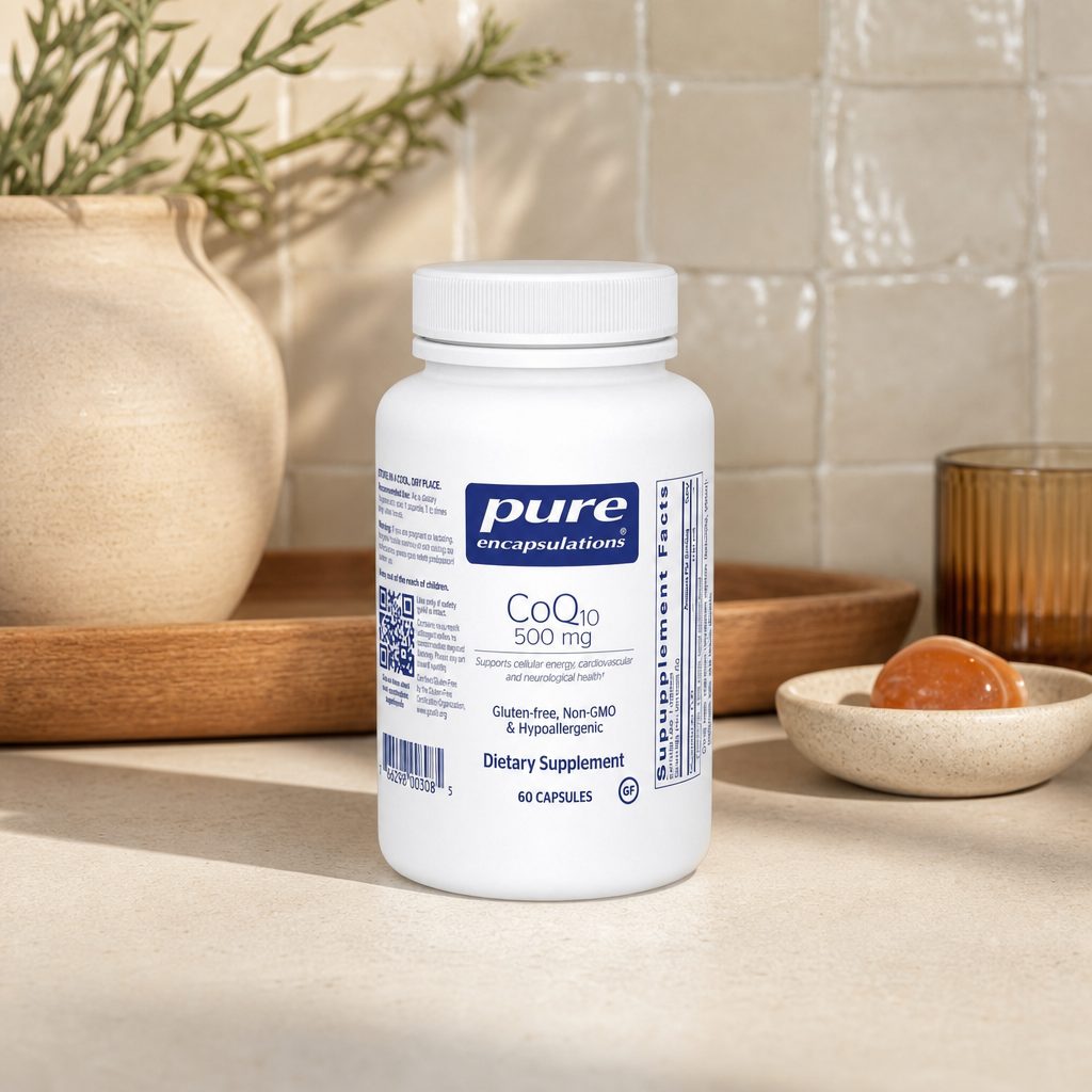 Pure Encapsulations CoQ10 500 mg bottle displayed on a clean countertop