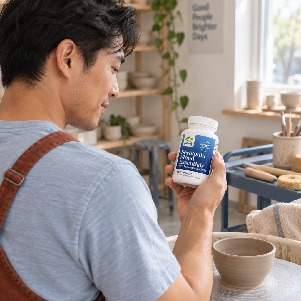 Terry Naturally Serotonin Mood Essentials bottle held by a man in an apron at a pottery wheel
