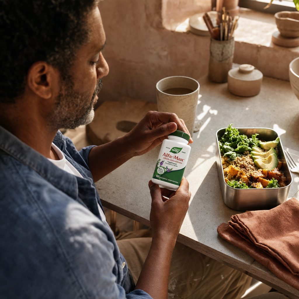 Nature's Way Alfa-Max 100 capsules bottle in a bright kitchen lifestyle scene