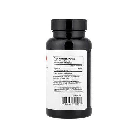 Momentous Tongkat Ali Capsules supplement facts panel listing ingredients, dosage, and serving size