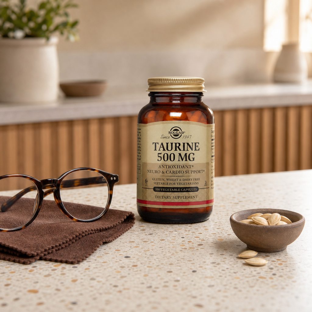 Solgar Taurine 500 mg bottle on a kitchen counter beside a glass of water
