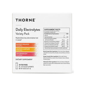 Thorne Research Daily Electrolytes Variety Pack 30 packets front pouch with three fruit flavors