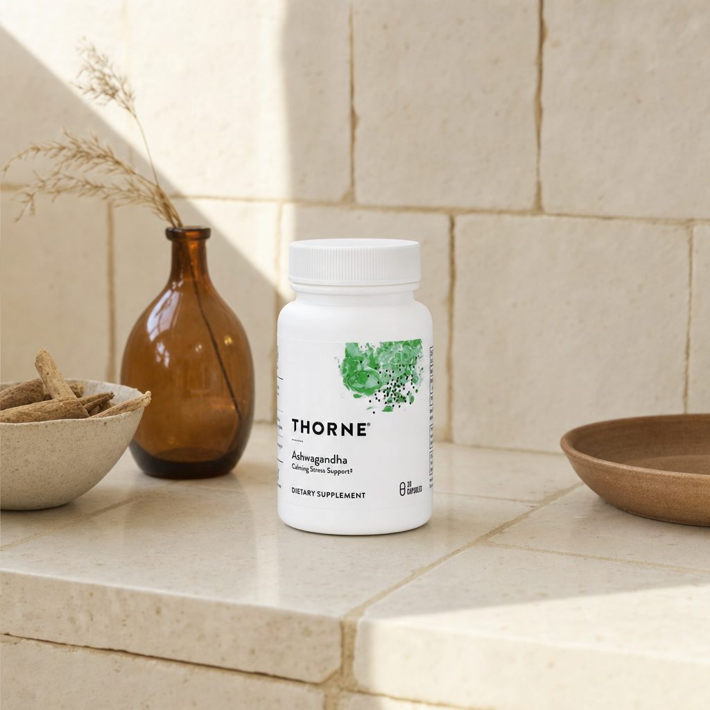 Thorne Ashwagandha 120 mg bottle beside a mug on a kitchen counter