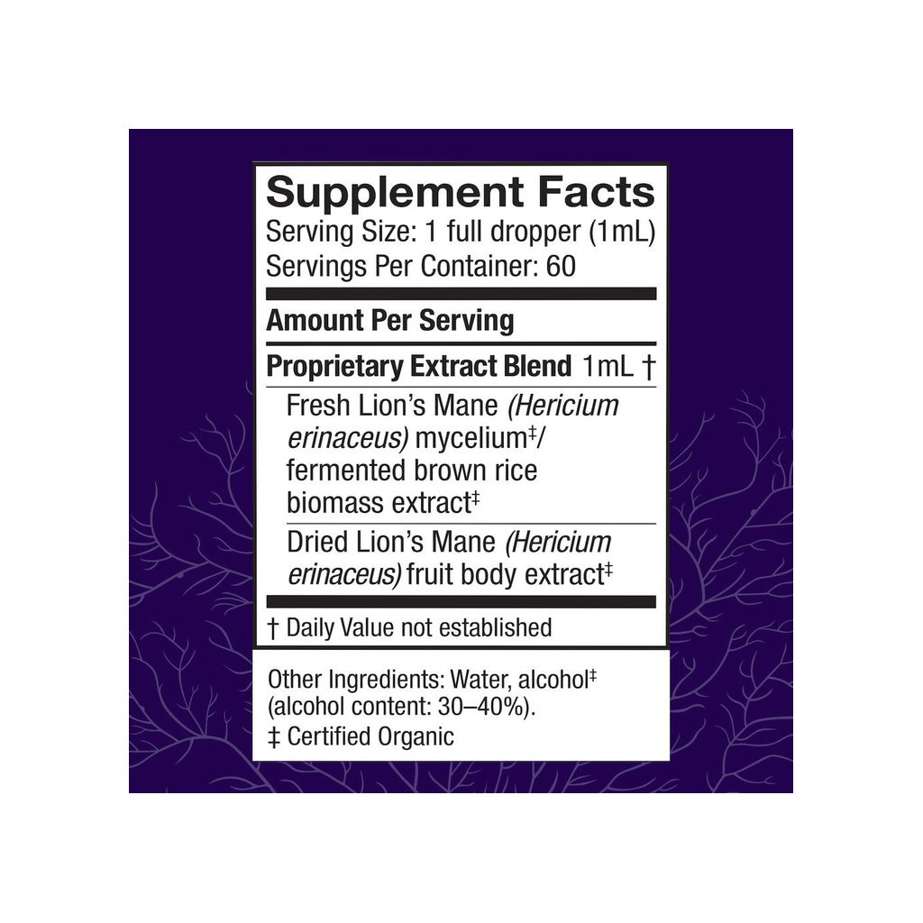 Host Defense Lion's Mane Extract 2oz supplement facts panel listing ingredients, dosage, and serving size