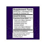 Host Defense Lion's Mane Extract 2oz supplement facts panel listing ingredients, dosage, and serving size
