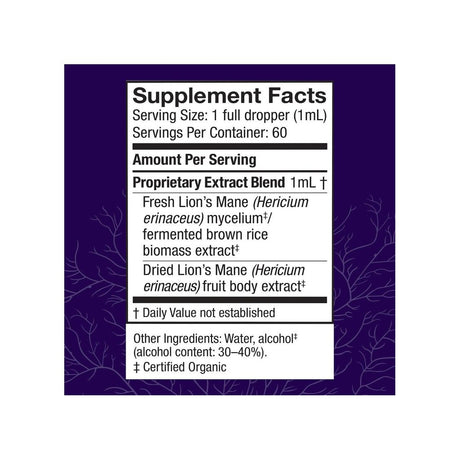 Host Defense Lion's Mane Extract 2oz supplement facts panel listing ingredients, dosage, and serving size