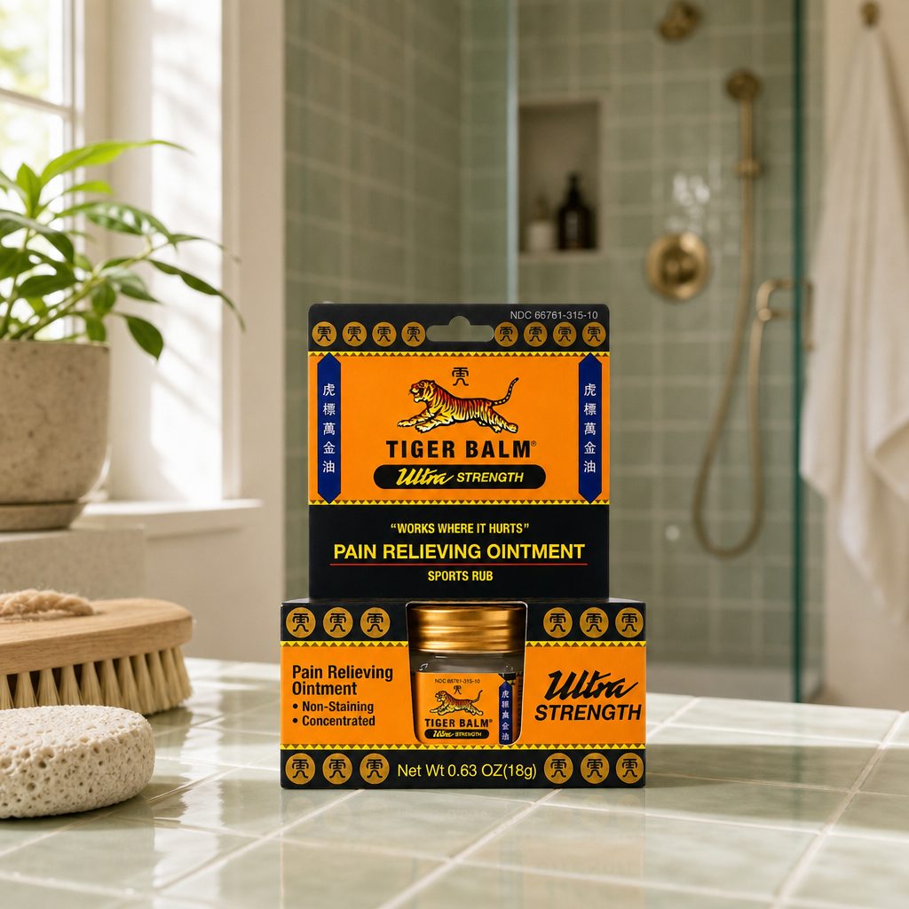 Man applying Tiger Balm Ultra Strength Pain Relieving Ointment to his shoulder