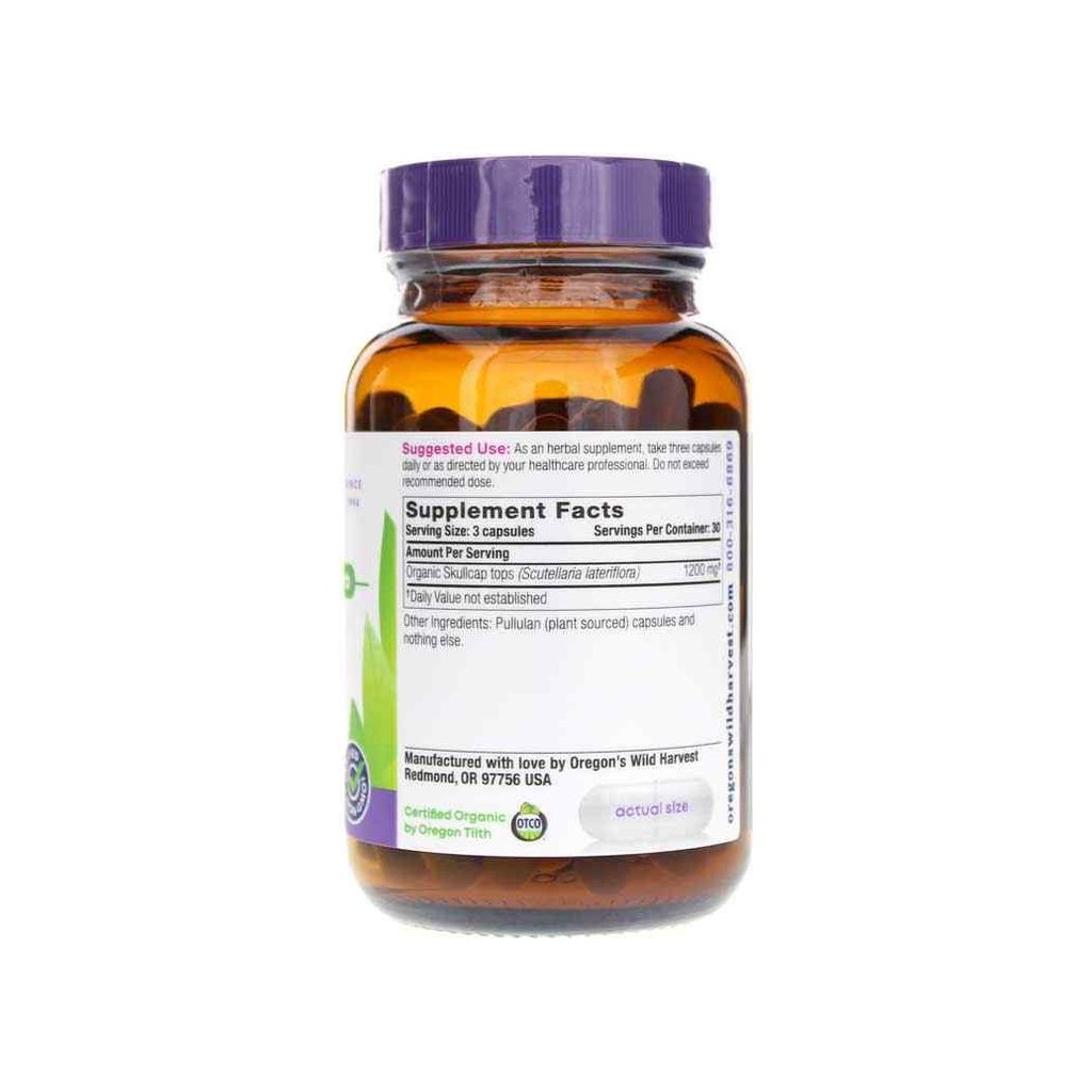 Oregon's Wild Harvest Skullcap supplement facts panel listing ingredients, dosage, and serving size