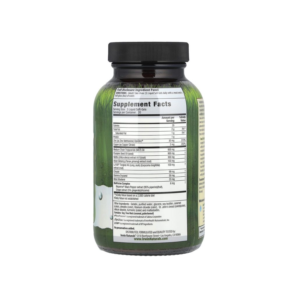 Irwin Naturals Testosterone UP supplement facts panel listing ingredients, dosage, and serving size