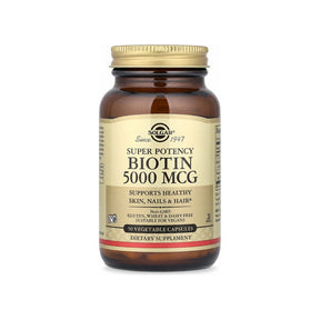 Solgar Biotin 5000 mcg 50 Capsules front bottle with gold label