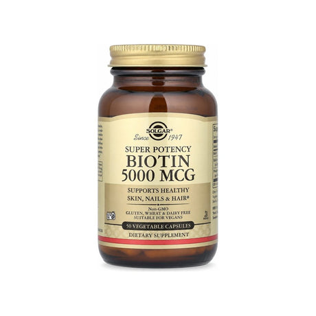 Solgar Biotin 5000 mcg 50 Capsules front bottle with gold label