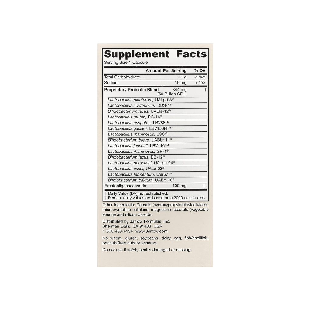Jarrow Formulas Fem-Dophilus Ultra supplement facts panel listing probiotic blend, dosage, and serving size