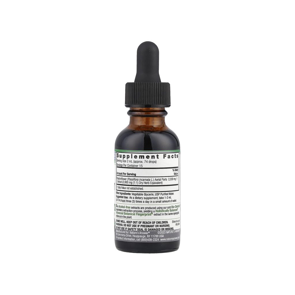 Nature's Answer Passionflower Alcohol-Free supplement facts panel listing ingredients, dosage, and serving size