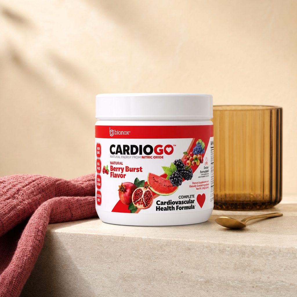 Bionox CardioGO Berry Burst bottle side panel showing Berry Burst flavor and 30 scoop size
