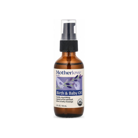 Motherlove Birth & Baby Oil 2 fl oz bottle front label with USDA Organic badge
