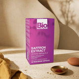 Bio Nutrition Saffron Extract Capsules bottle showing side label details and vegetarian capsule count