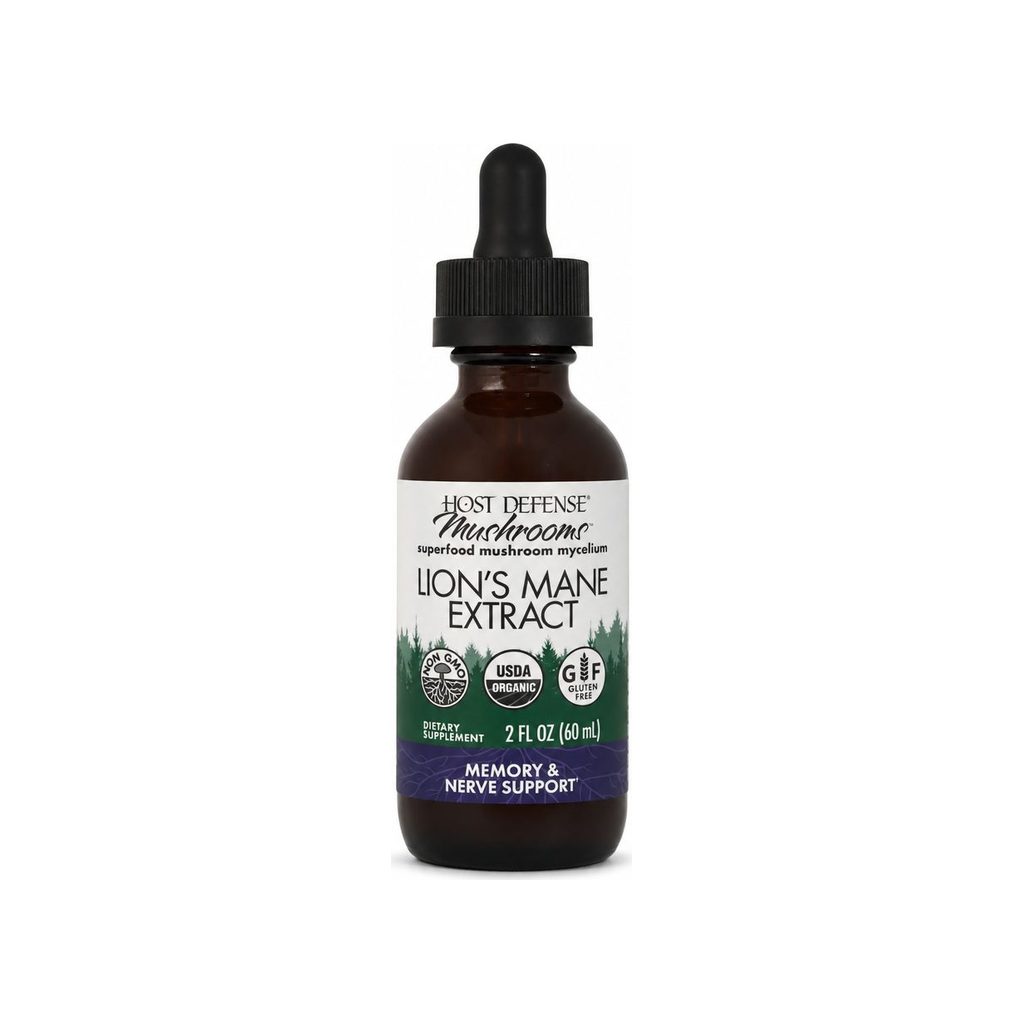 Host Defense Lion's Mane Extract 2oz bottle front label with organic, non-GMO, and gluten-free badges