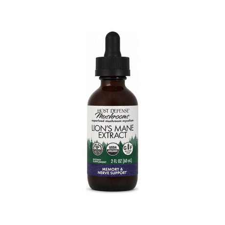 Host Defense Lion's Mane Extract 2oz bottle front label with organic, non-GMO, and gluten-free badges