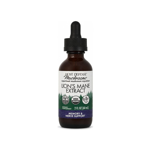 Host Defense Lion's Mane Extract 2oz bottle front label with organic, non-GMO, and gluten-free badges