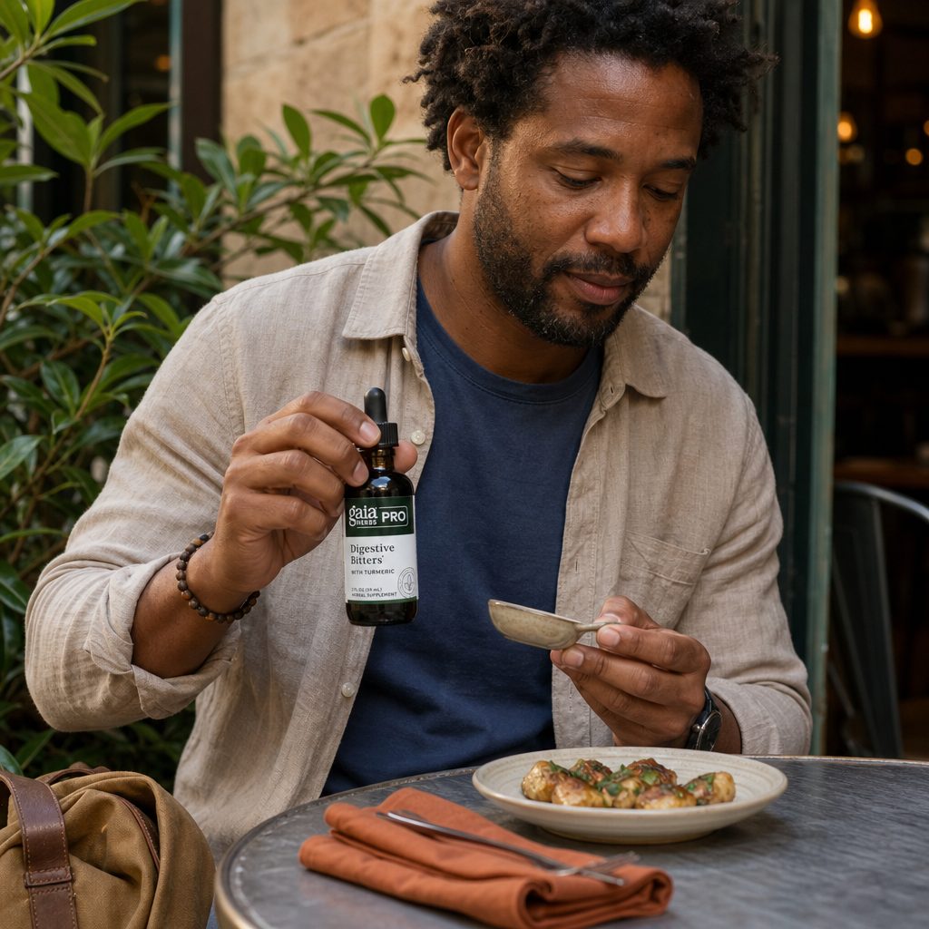 Gaia Herbs Pro Digestive Bitters with Turmeric dropper bottle on a kitchen counter