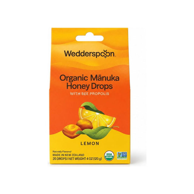 Wedderspoon Organic Mānuka Honey Drops Lemon front package with 20 individually wrapped drops