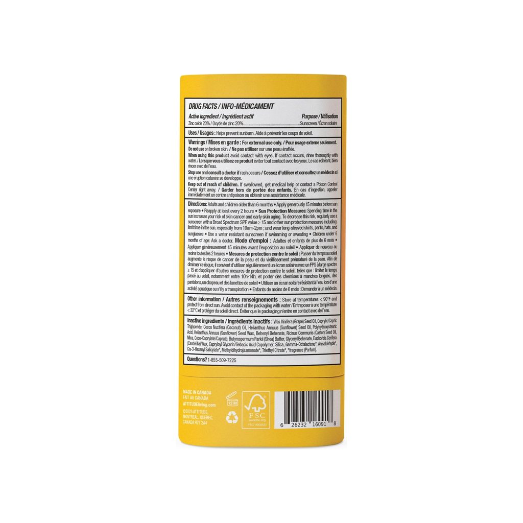 Attitude Mineral Sunscreen Stick SPF 30 Tropical Drug Facts panel listing ingredients and directions