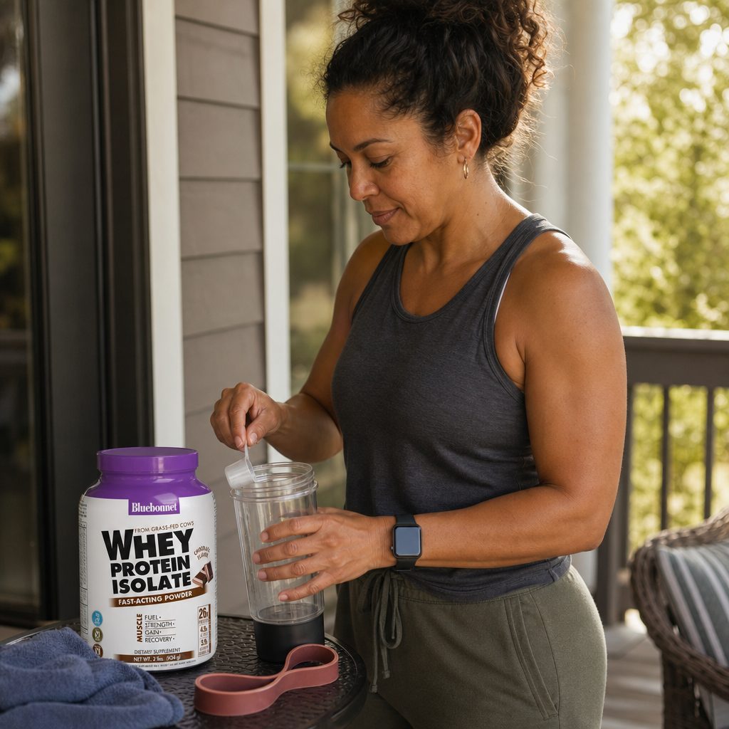 Bluebonnet Whey Protein Isolate Powder Chocolate label callouts for whey isolate and serving info
